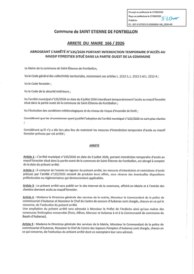 ABROGATION de l'Arrêté interdisant temporairement l'accès au massif forestier situé dans la partie ouest de la Commune
