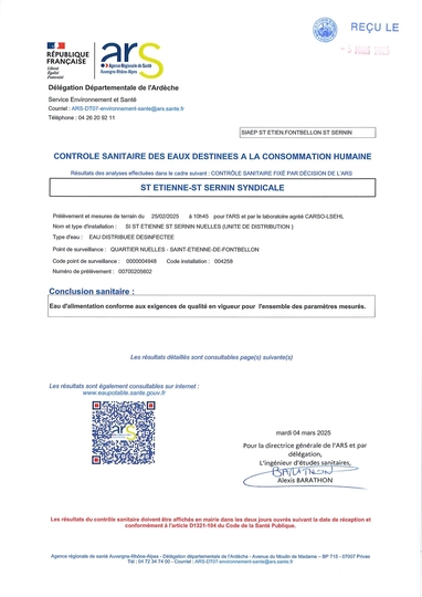Contrôle sanitaire des eaux destinées à la consommation humaine - 25 02 2025