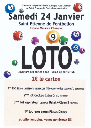 LOTO de l'Ecole des Champs organisé par l'Amicale Laïque - Samedi 24 janvier 2026