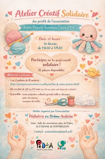 Pédiatrie en Drôme-Ardèche : atelier créatif solidaire le 14 février 2026.