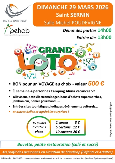Loto de l'APEHOB : dimanche 29 mars 2026 à St Sernin