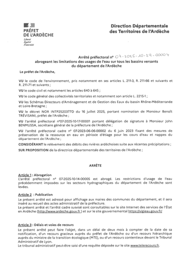 Arrêté Préfectoral abrogeant les limitations des usages de l'eau sur tous les bassins versants.