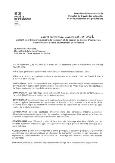 Arrêté préfectoral portant interdiction temporaire de transport et de cession de bovins, d'ovins et de caprins vivants en Ardèche