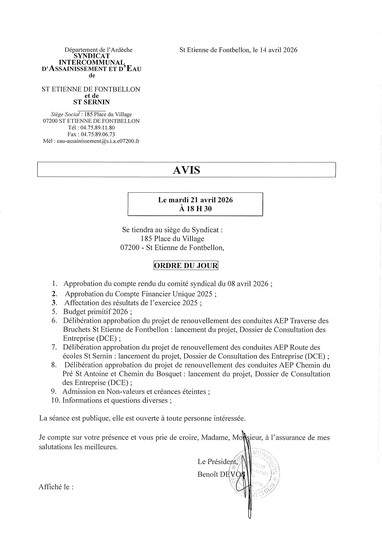 Prochain Comité Syndical du SIAE : Mardi 21 avril 2026 - 18h30