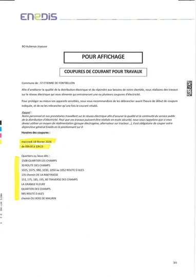 Coupure de courant pour travaux Enedis : mercredi 18 février 2026 entre 9h30 et 10h15