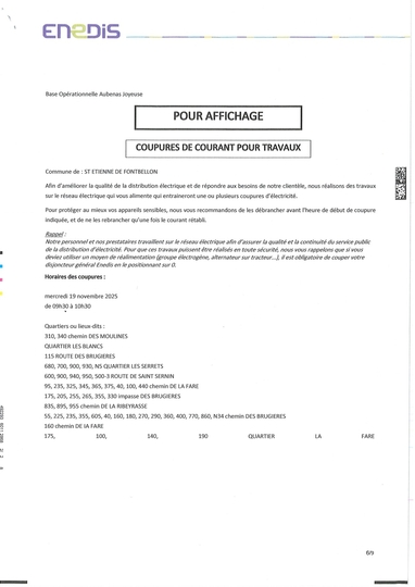 ENEDIS : Coupures de courant pour travaux Mercredi 19 novembre