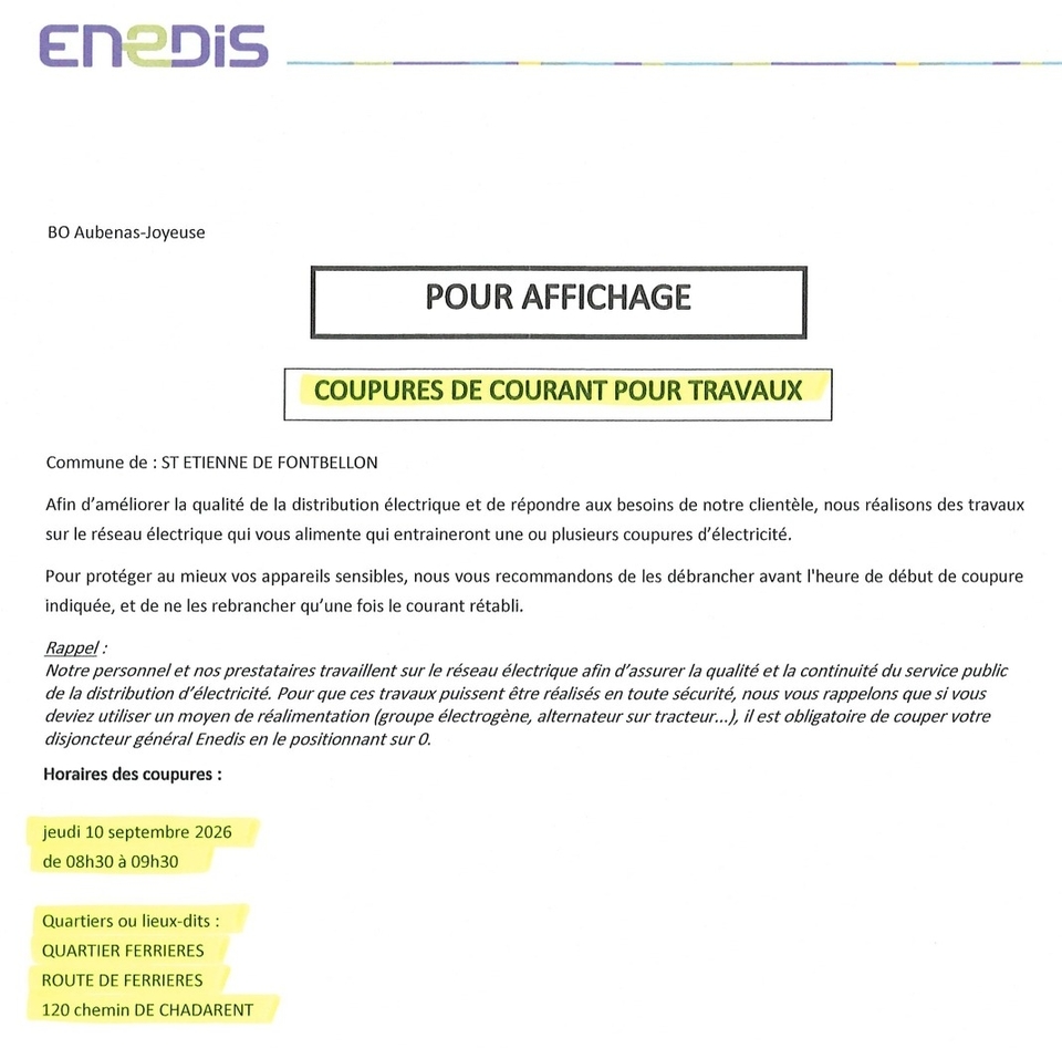 Enedis : Coupures de courant pour travaux jeudi 10 septembre 2026.