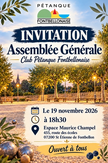 Pétanque Fontbellonnaise : Assemblée Générale Jeudi 19 novembre 2026