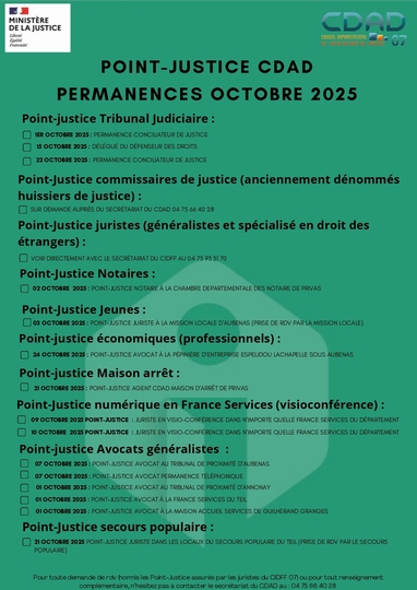 POINT JUSTICE : Permanences du mois d'Octobre 2025