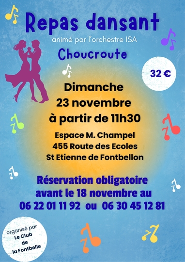 Association CLUB DE LA FONTBELLE - Repas dansant dimanche 23 novembre 2025