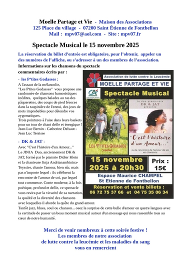 Moelle Partage et Vie : Spectacle musical samedi 15 novembre 2025